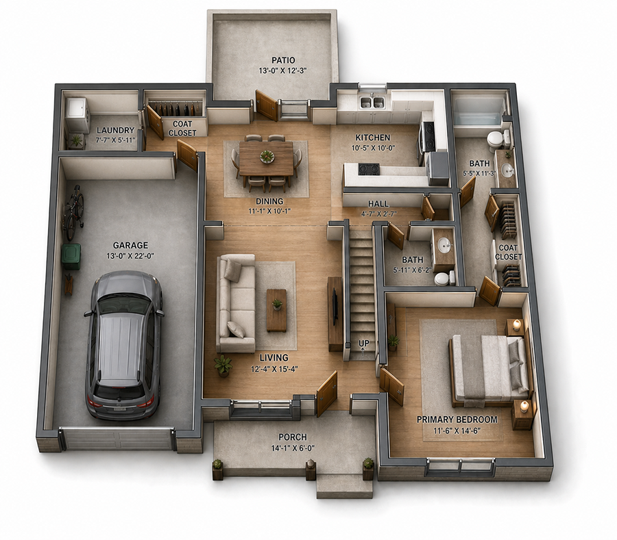The Willow first floor plan — living room, kitchen, dining, primary bedroom, 1.5 baths, garage