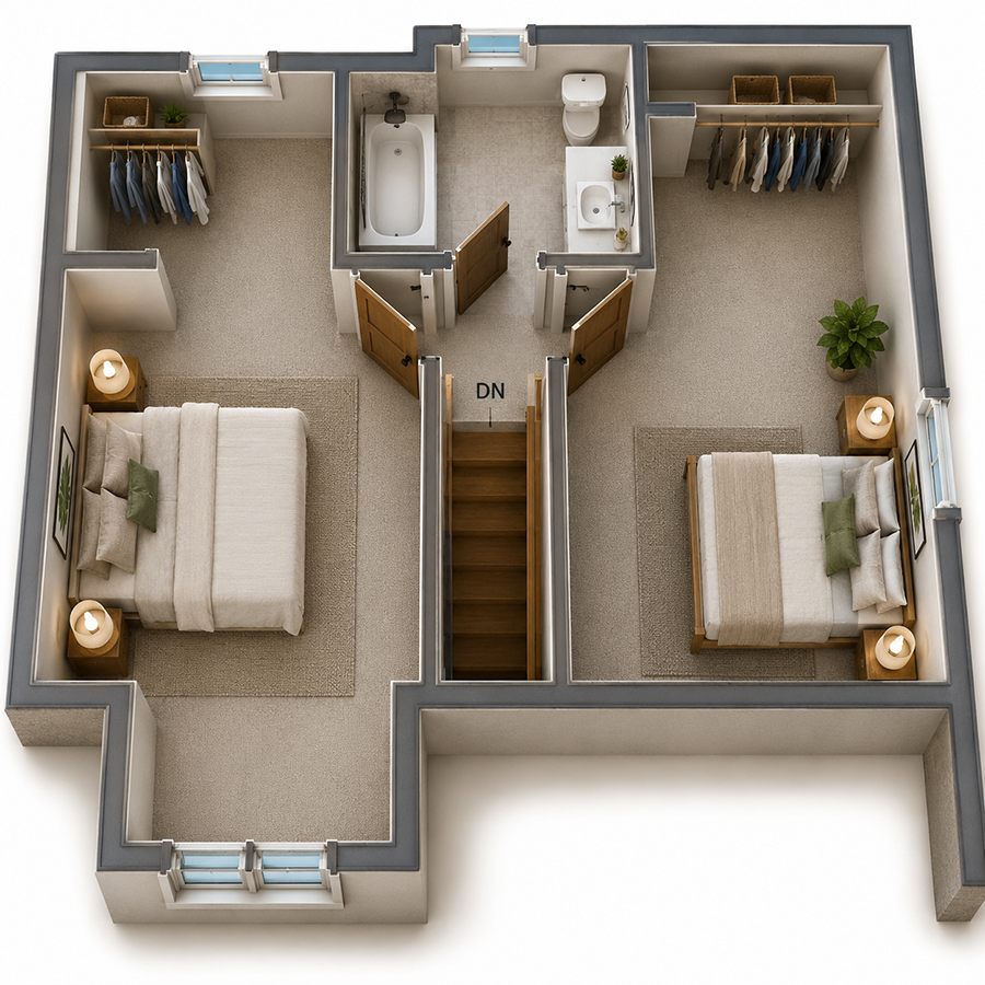 The Willow second floor plan — two bedrooms and full bath